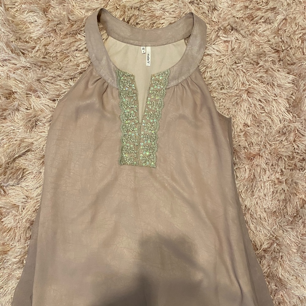 Tan and jeweled boat neck top